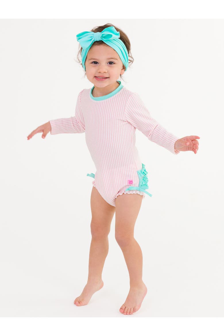 Girls Seersucker Long Sleeve UPF50+ One Piece Rash Guard, Alternate, color, Pink Seersucker
