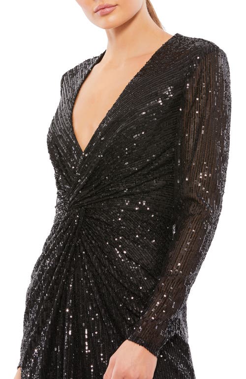 Mac Duggal Metallic Sequin Long Sleeve Faux Wrap Dress In Black