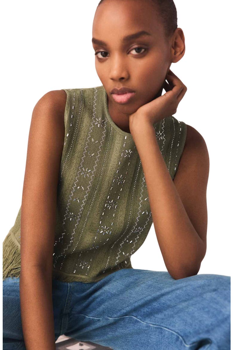 Fringed rhinestone flower top, Alternate, color, Khaki