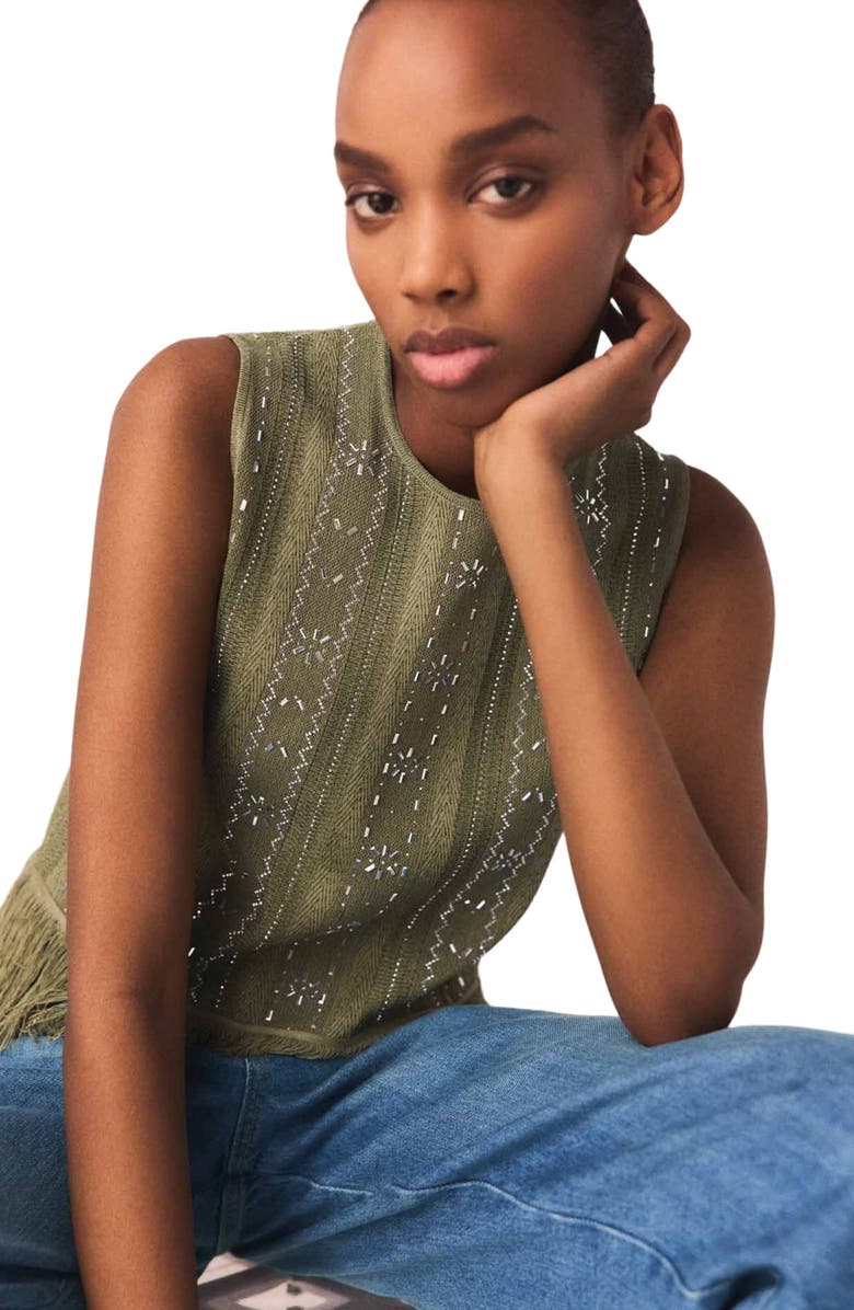 maje Fringed rhinestone flower top, Alternate, color, Khaki