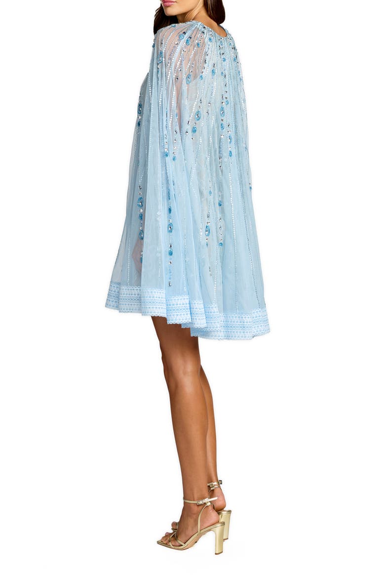 Hand-Beaded Lace Trapeze Mini Dress with Sheer Cape Sleeves, Alternate, color, Powder Blue Nude