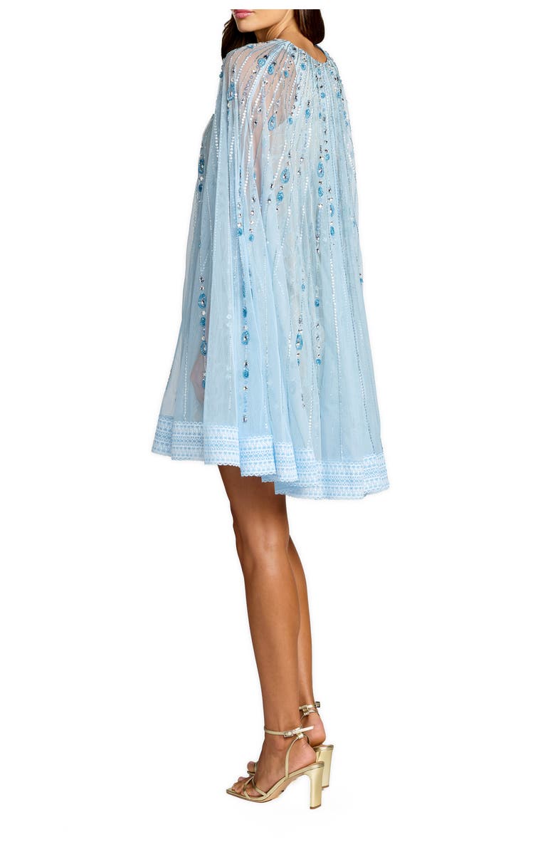 Mac Duggal Hand-Beaded Lace Trapeze Mini Dress with Sheer Cape Sleeves, Alternate, color, Powder Blue Nude