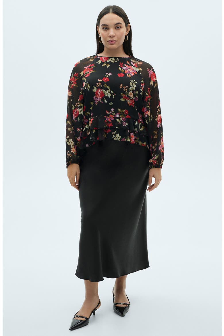Floral Print Ruffle Shirt, Alternate, color, BLACK