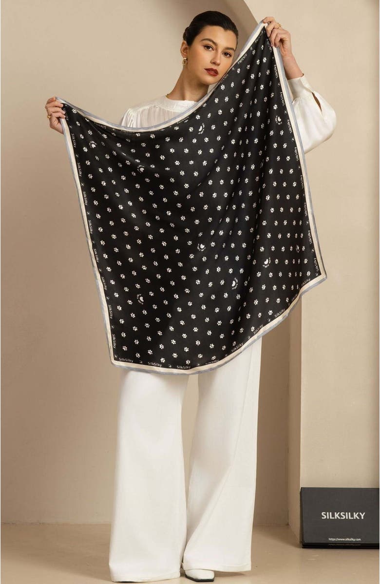SILKSILKY Pure Silk Paw Print Square Scarf, Alternate, color, Black