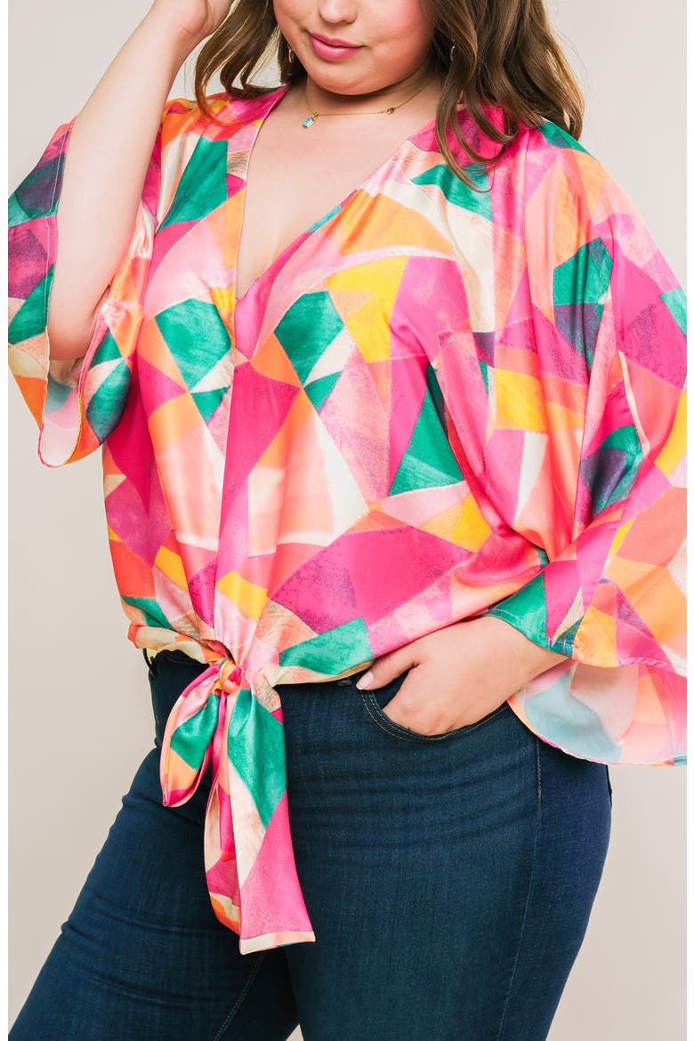 Tie Front Print Top, Alternate, color, FUCHSIA TURQUOISE