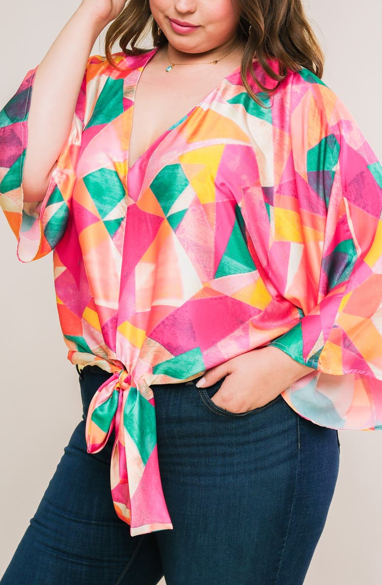 FLYING TOMATO Tie Front Print Top, Alternate, color, Fuchsia Turquoise