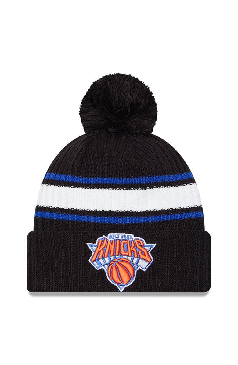 New Era Men's New Era Black New York Knicks White Stripe Cuffed Pom Knit Hat, Main, color, 