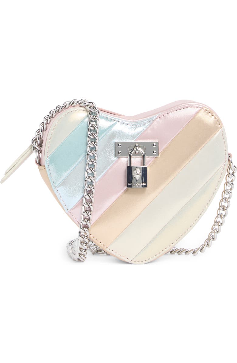 Kurt Geiger London Large Brixton Heart Metallic Leather Crossbody Bag, Main, color, Metal Comb