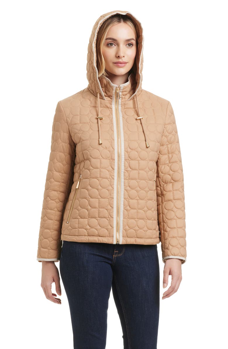 Kate Spade New York water resistant hooded quilted jacket, Alternate, color, Camel
