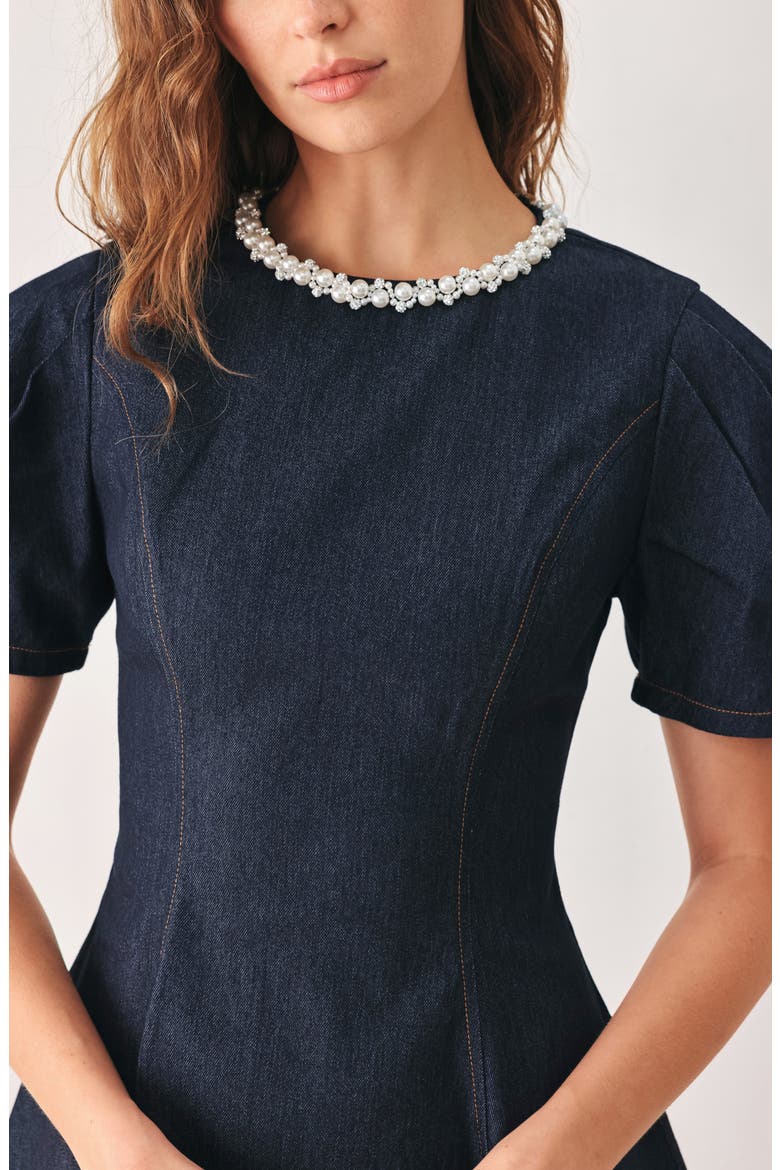 Embellished Short Sleeve Denim Minidress, Alternate, color, DARK DENIM