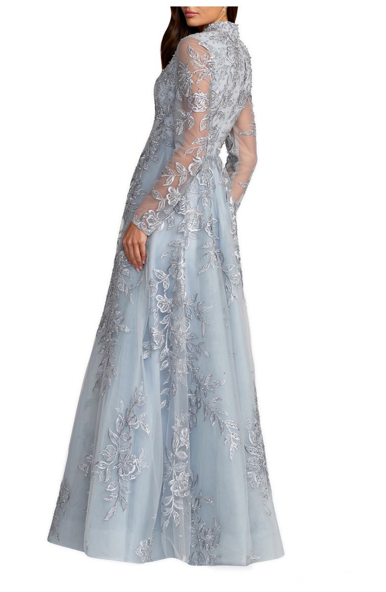 Mac Duggal Beaded Embroidered Mesh Long Sleeve A-Line Gown, Alternate, color, Slate Blue