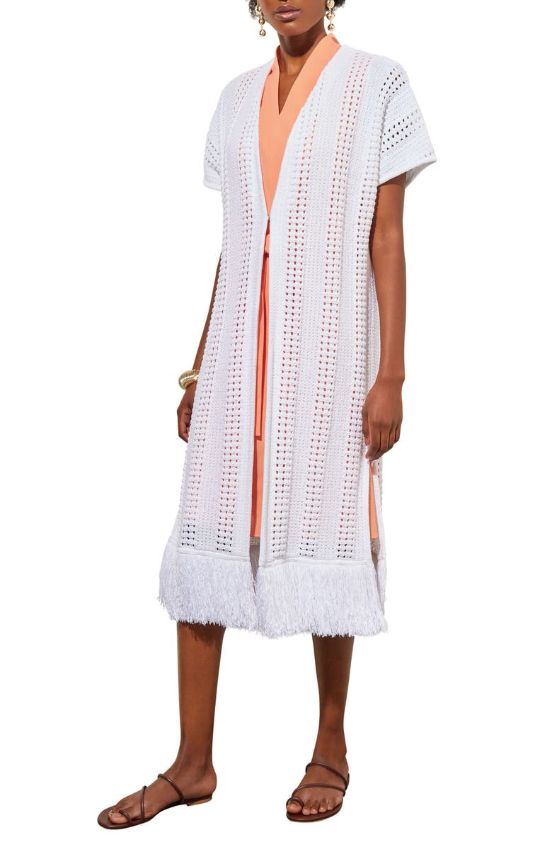 Ming Wang Fringe Trim Short Sleeve Knit Jacket, Alternate, color,