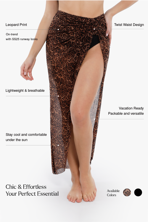 Popilush Bias Twist Mesh Sarong Coverup In Brown Leopard