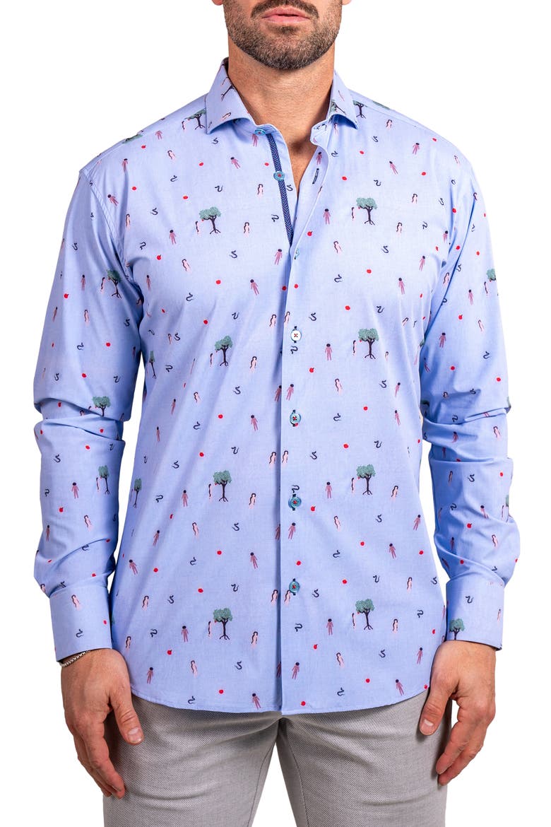 Einstein Stretch Ascension 0207 Eden Print Contemporary Fit Button-Up Shirt, Main, color, BLUE