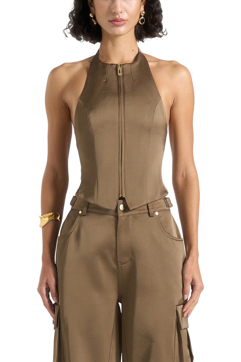 Claudette Satin Halterneck Backless Top, Main, color, Dark Olive