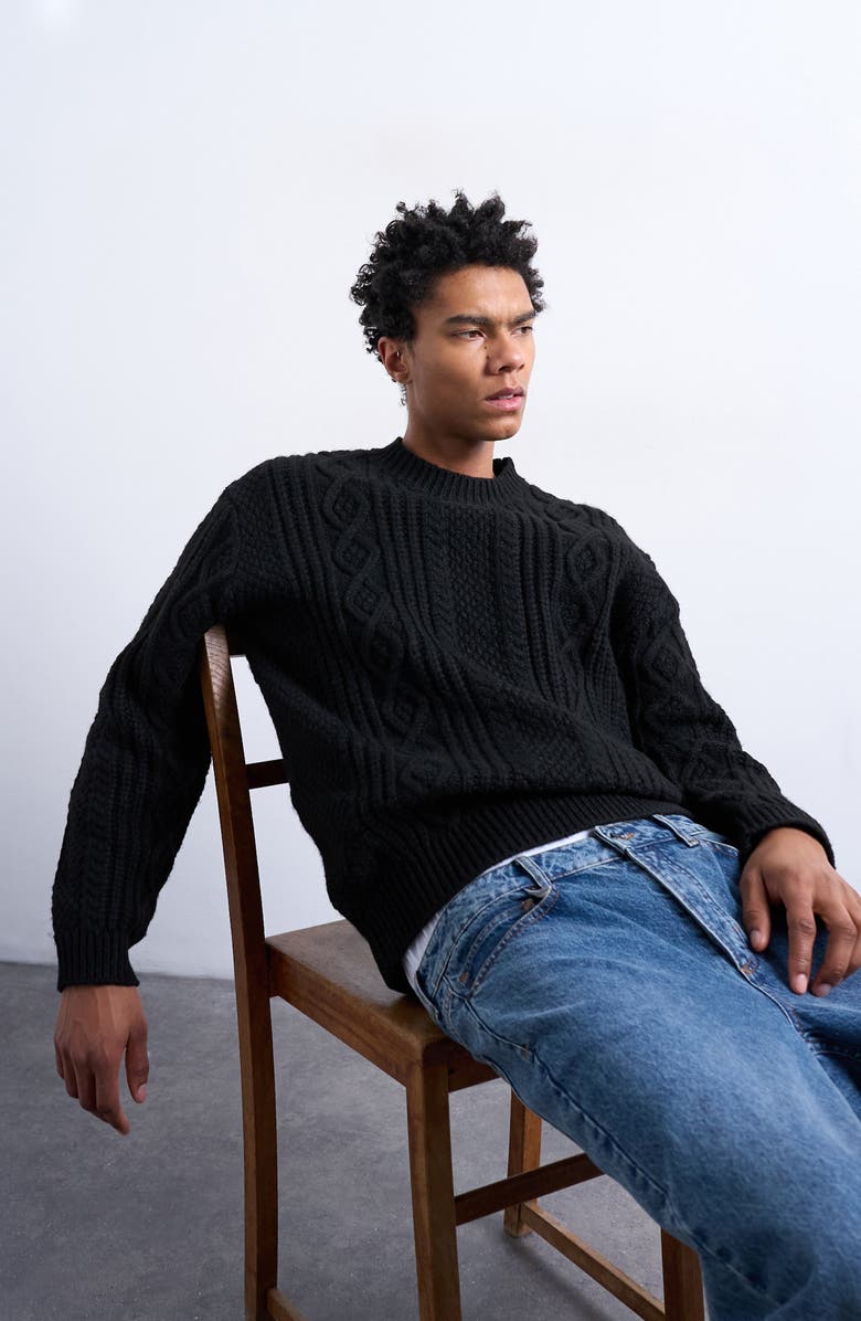 Topman Chunky Cable Sweater, Alternate, color, Black