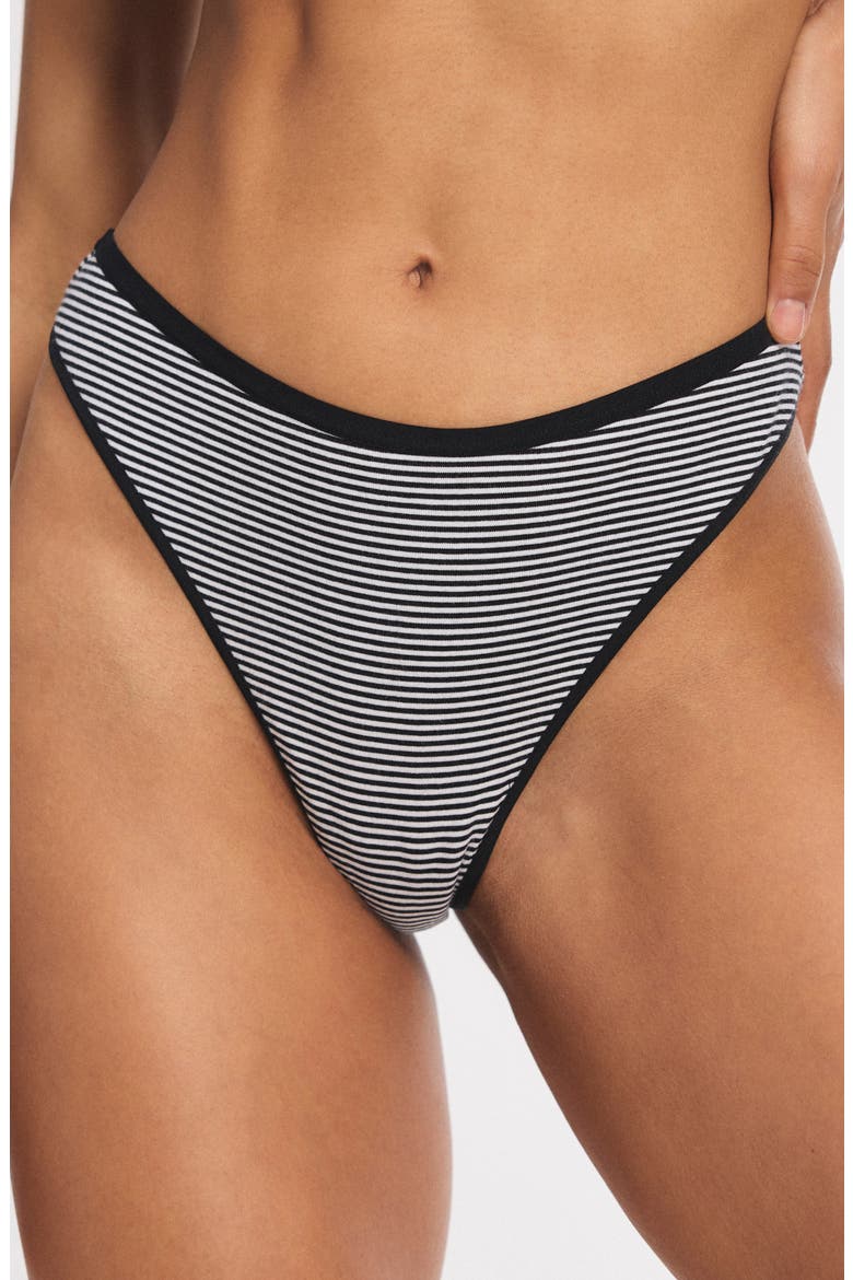 Stretch Cotton Essentials Thong, Alternate, color, BLACK CAVIAR STRIPE UP