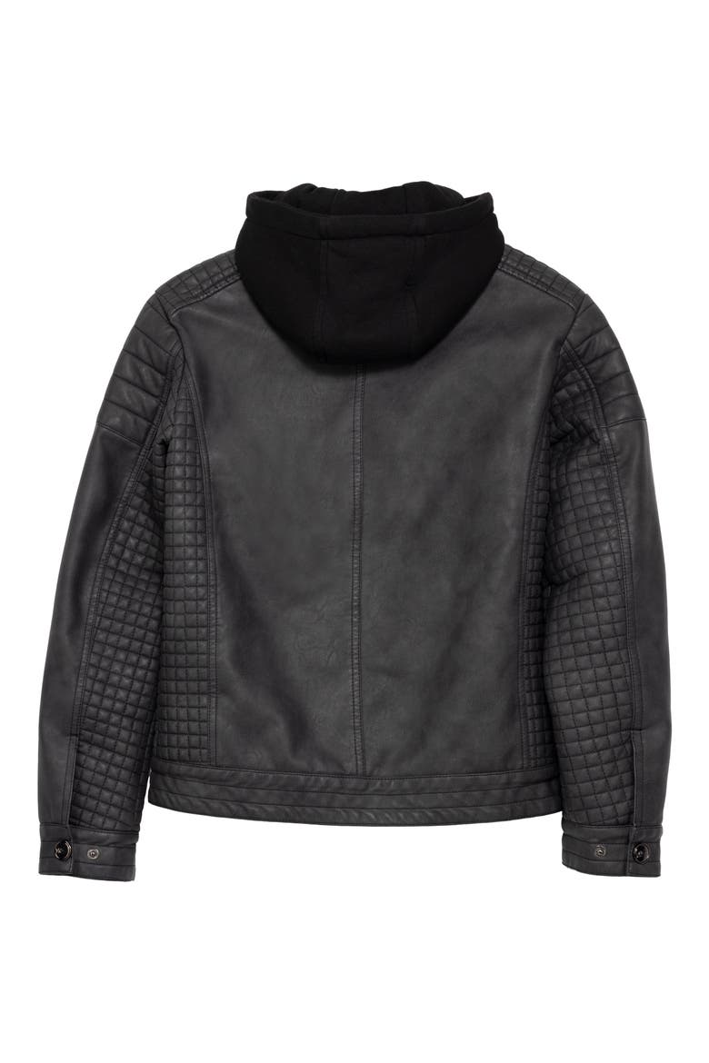 Kids' Hooded Faux Leather Moto Jacket, Alternate, color, STEEL