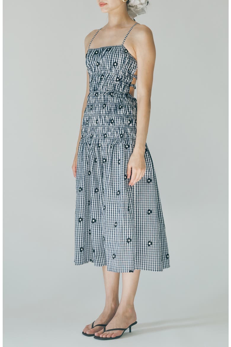 Madison Gingham Floral Embroidered Tiered Smocked Midi Dress, Alternate, color, NAVY GINGHAM