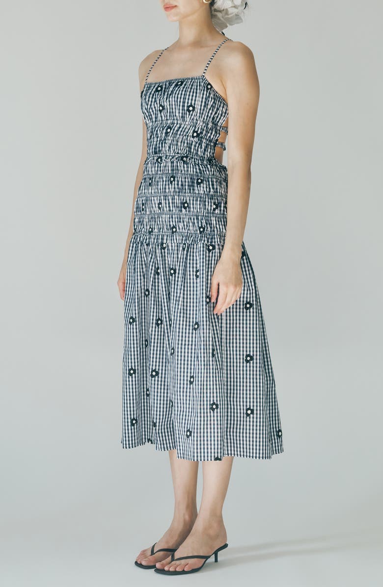 MAUDE CLUB Madison Gingham Floral Embroidered Tiered Smocked Midi Dress, Alternate, color, Navy Gingham