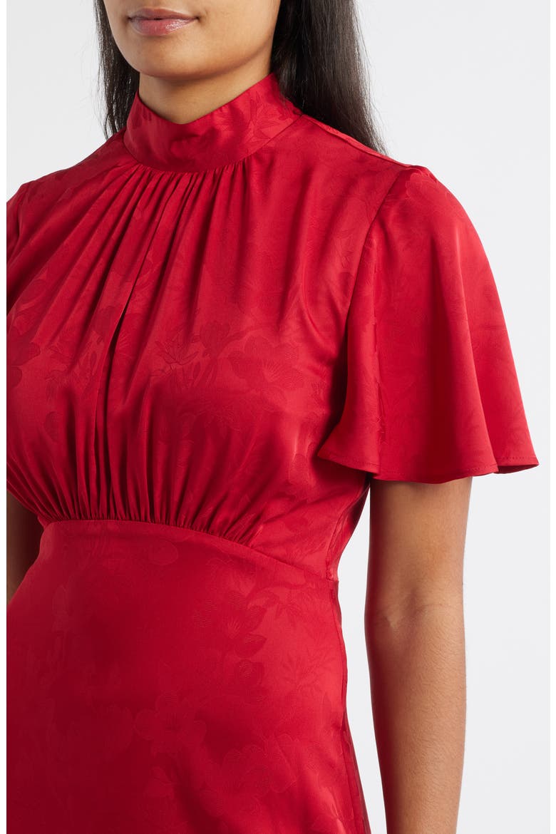 Floral Jacquard Satin Flutter Sleeve Midi Dress, Alternate, color, RED
