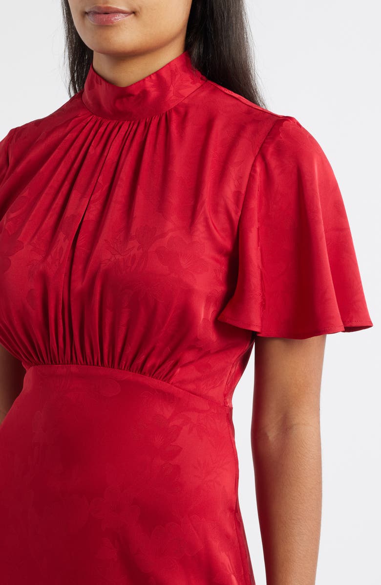 Julia Jordan Floral Jacquard Satin Flutter Sleeve Midi Dress, Alternate, color, Red