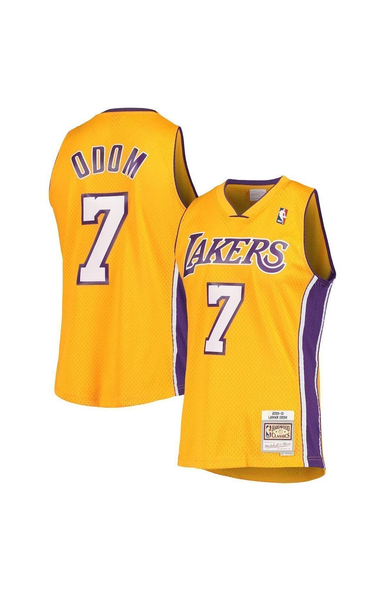Mitchell & Ness Men's Mitchell & Ness Lamar Odom Gold Los Angeles Lakers Hardwood Classics Swingman Jersey, Main, color, 