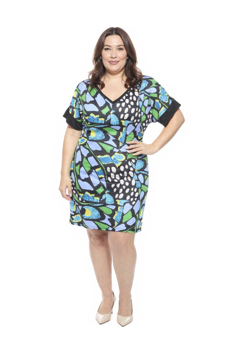 24seven Comfort Apparel Plus Size Butterfly Short Sleeve Knee Length T-Shirt Dress, Main, color, Blue Multi