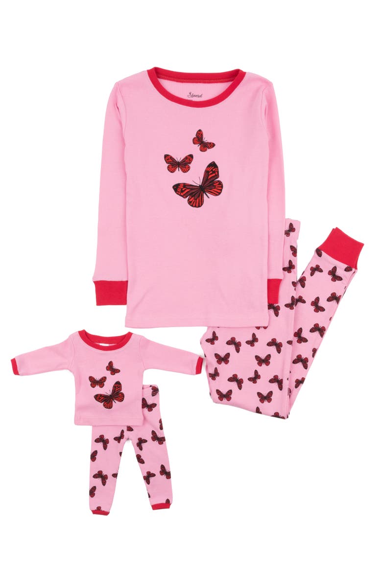 Leveret Girls 2-pc. Cotton Pajamas with Matching Doll Accessory - Spring & Everyday Prints, Main, color, Butterfly Pink