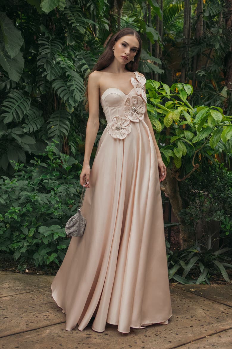 Strapless Satin Bustier Gown With 3D Flowers, Alternate, color, Oyster