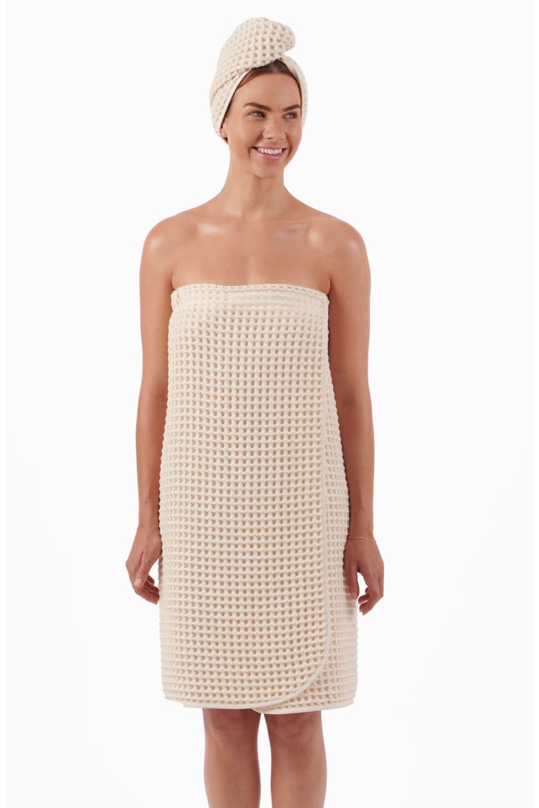 Pure Yarn Dyed Cotton Waffle Body Wrap & Hair Wrap Set, Alternate, color, NATURAL