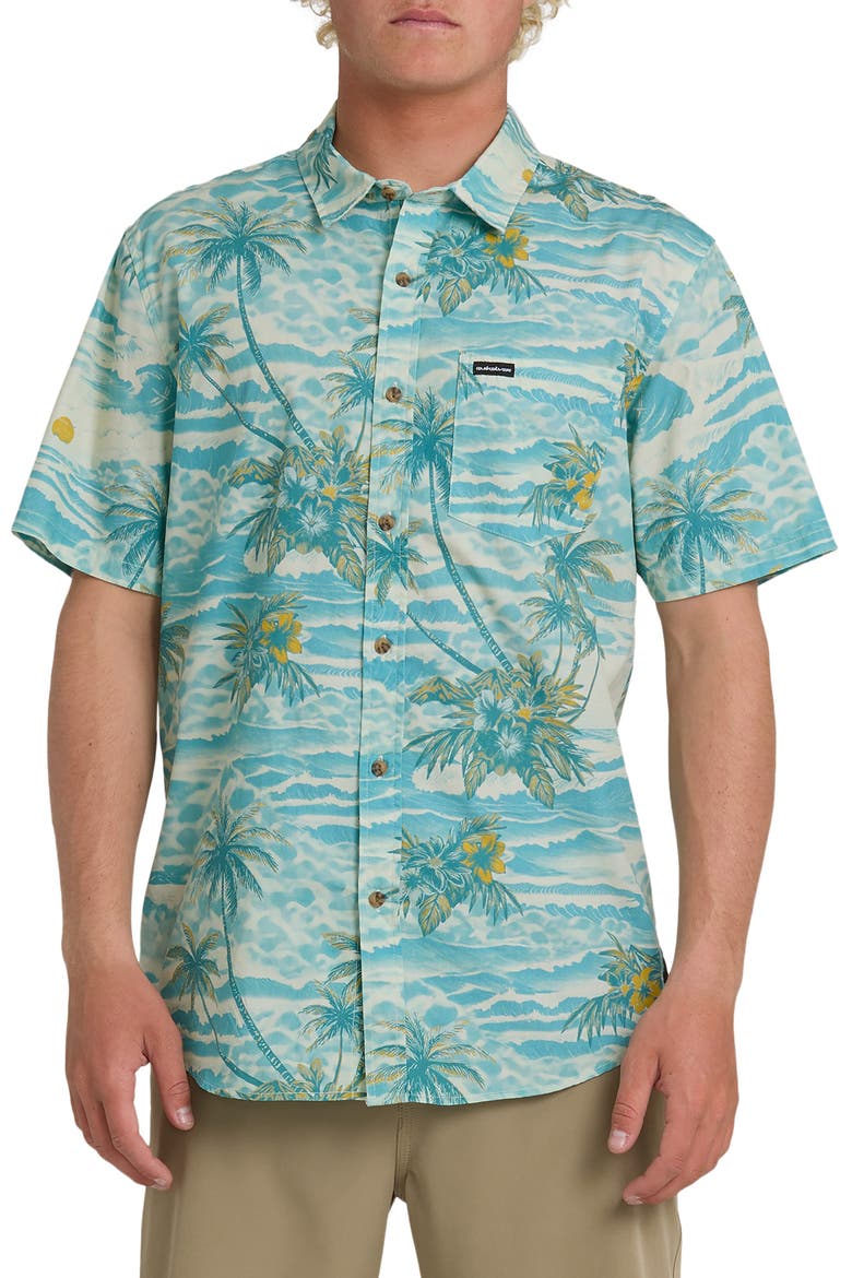 Sundown Classic Short Sleeve Stretch Cotton Button-Up Shirt, Main, color, AQUA