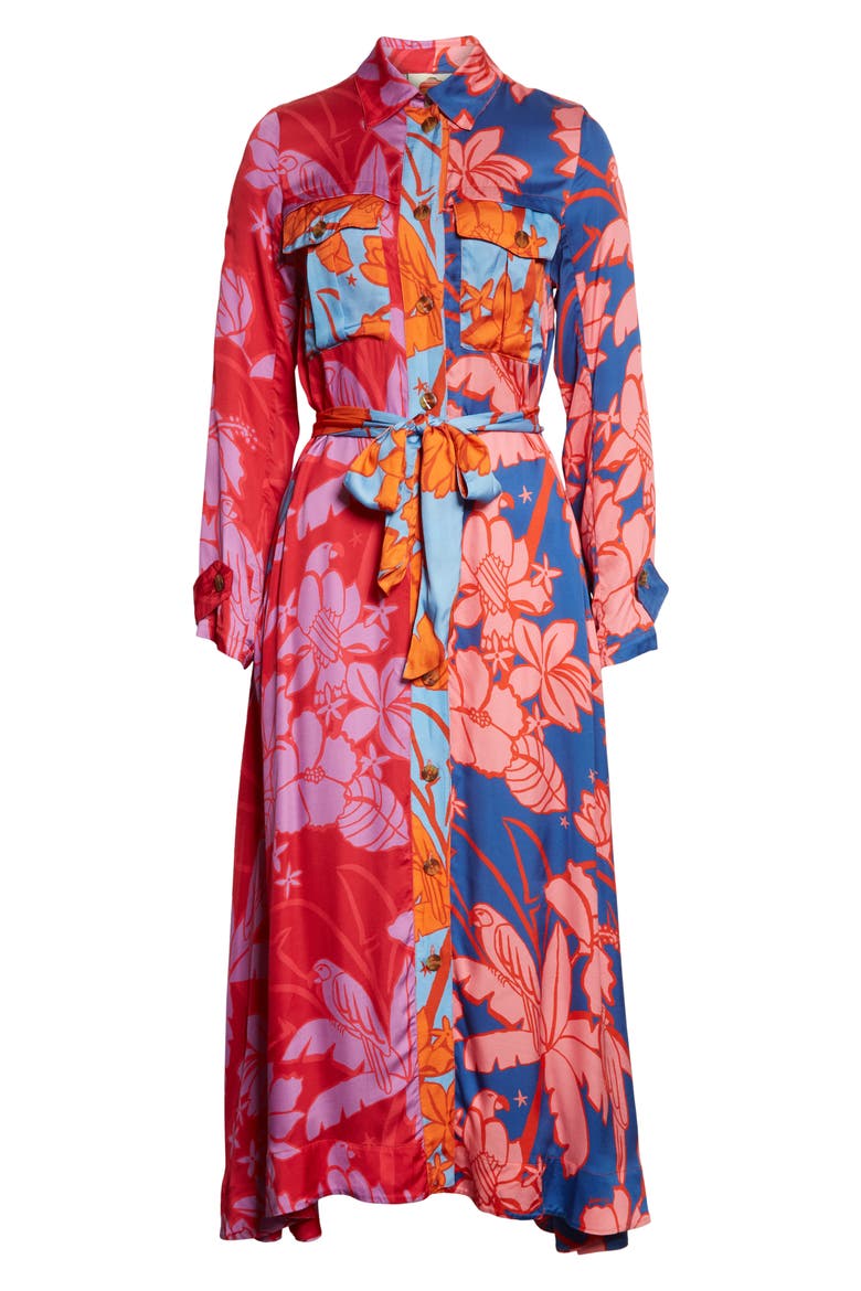 Floral Print Tie Waist Long Sleeve Midi Dress, Alternate, color, PINK