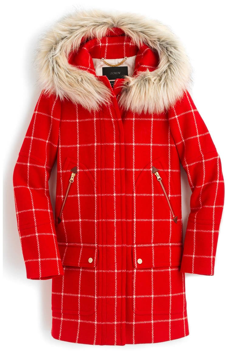J.Crew Windowpane Check Chateau Parka, Alternate, color, BRIGHT RED NATURAL
