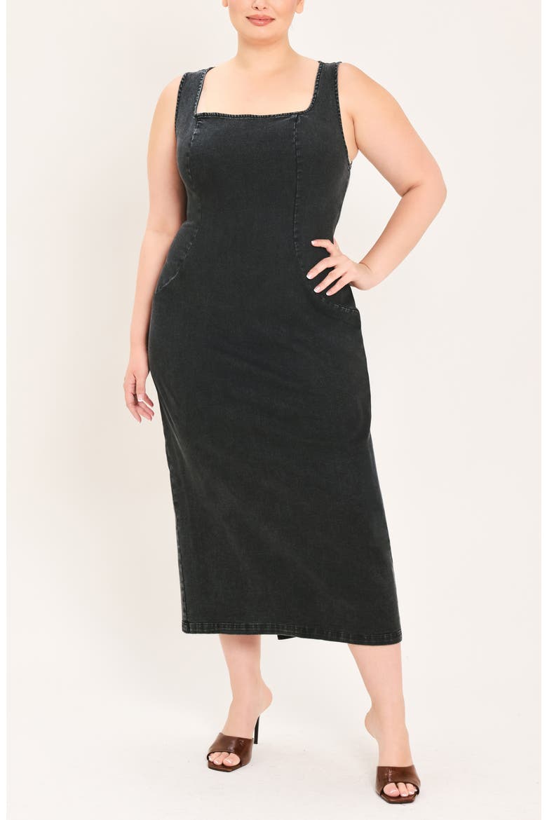 Square Neck Denim Midi Dress, Alternate, color, BLACK