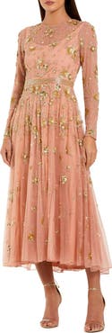 Mac Duggal Beige Beaded Long Sleeve A Line Midi Dress