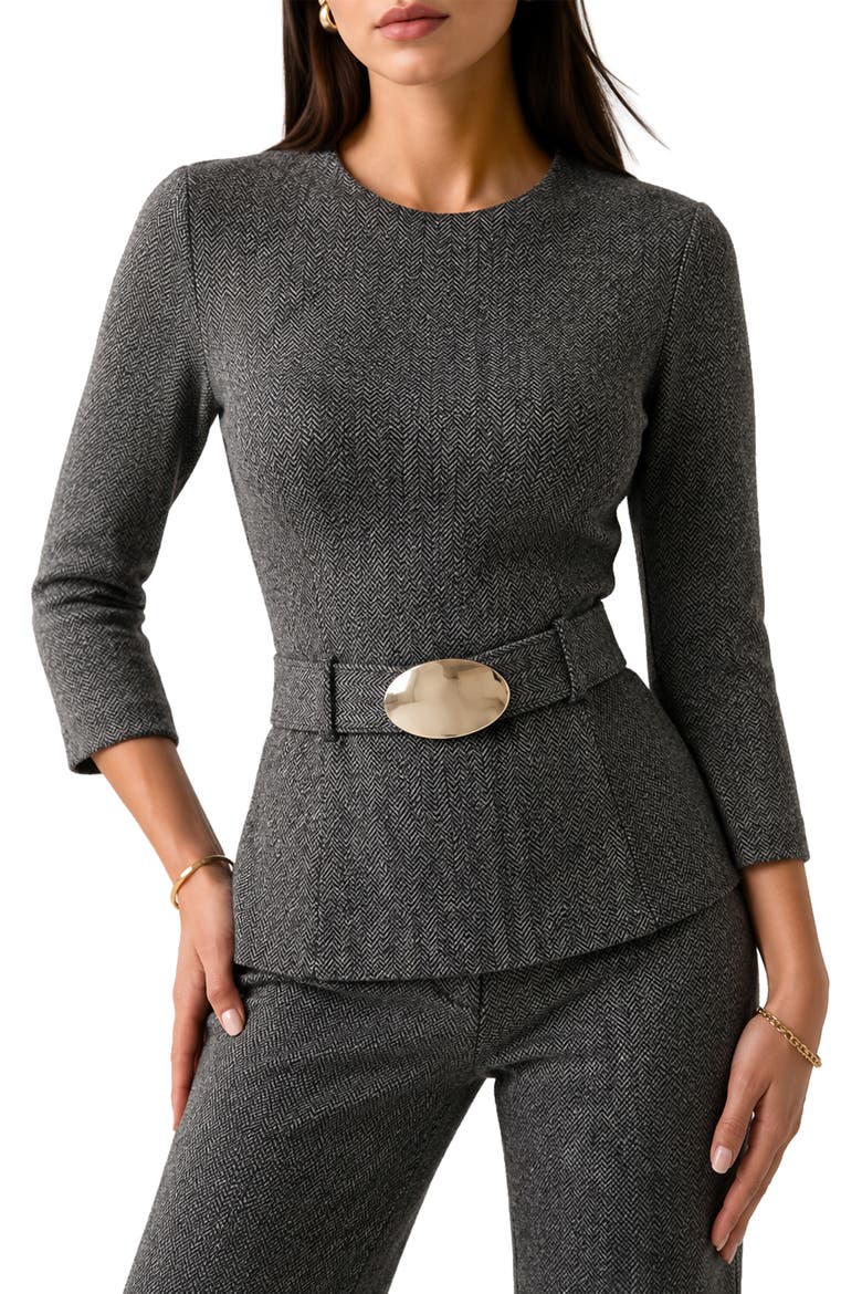 Stef Belted Three-Quarter Sleeve Top, Main, color, BW HERRINGBONE