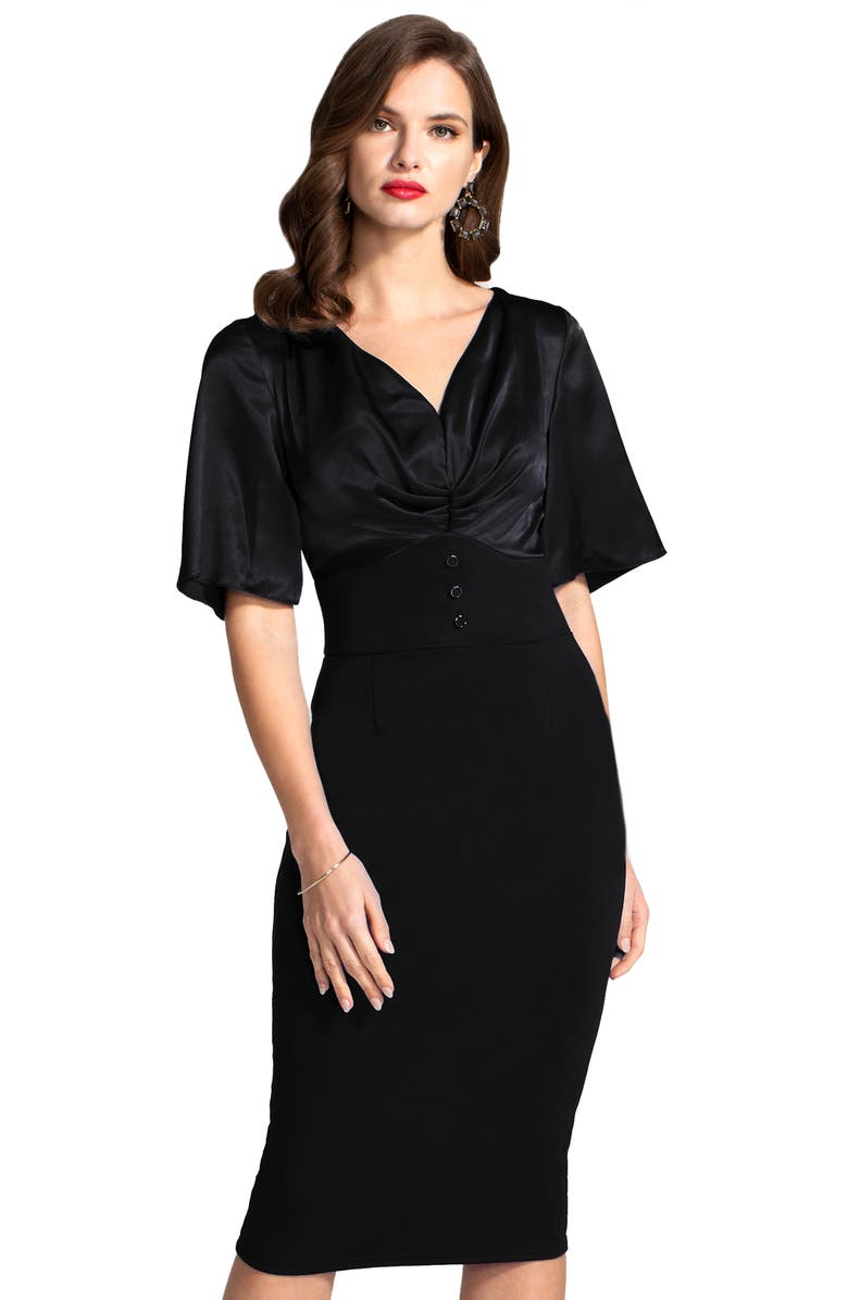 HotSquash London Clothing V-Neck Satin-Top Pencil Dress, Main, color, 