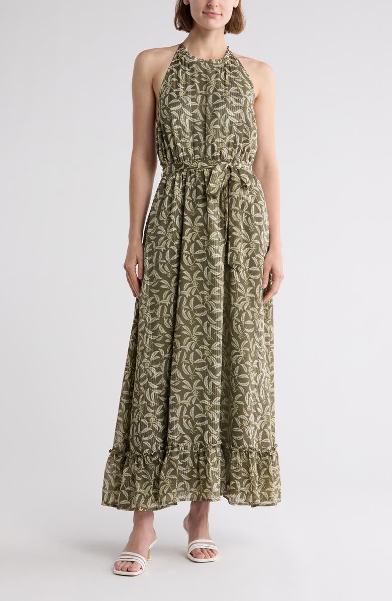 Melrose and Market Ruffle Tie Waist Maxi Halter Sundress, Main, color, Olive- Green Vintage Leaves