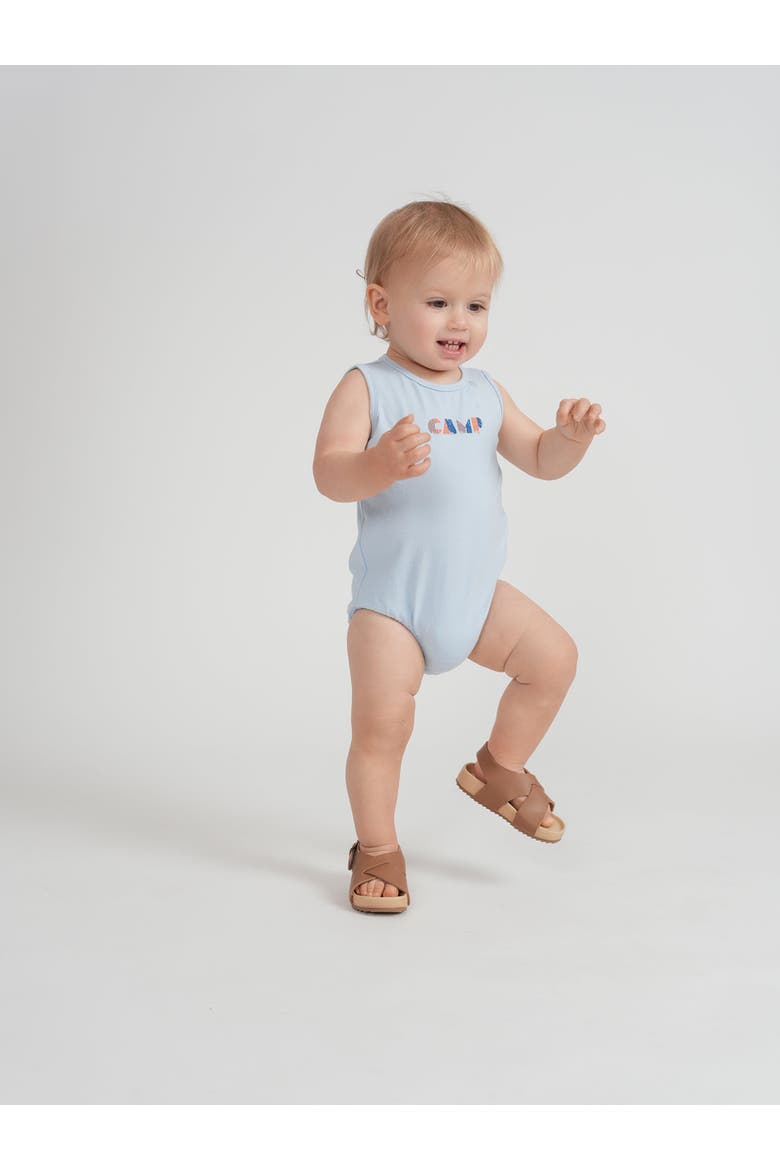 Boy Multi Color Stripe Camp Graphic Sleeveless Romper, Alternate, color, Blue