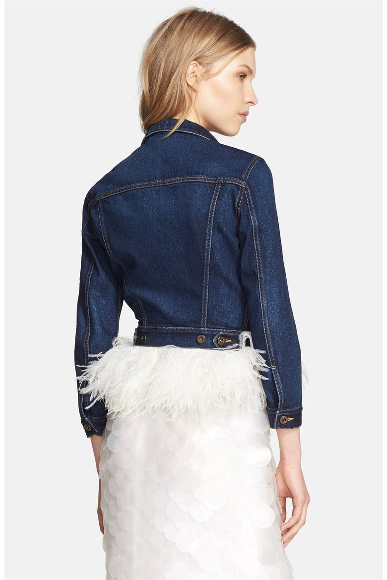 Ostrich Feather Hem Jean Jacket, Alternate, color, INDIGO