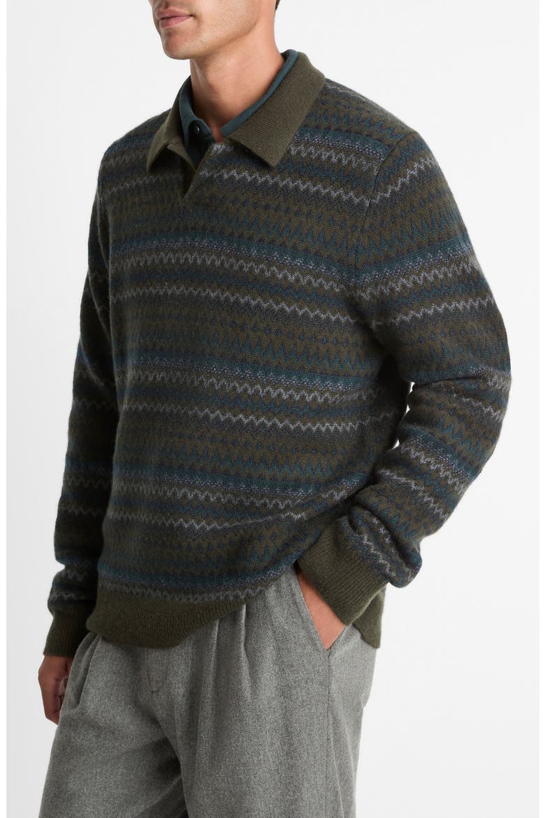 Fair Isle Wool & Cashmere Johnny Collar Polo Sweater, Alternate, color, DARK LEAF COMBO