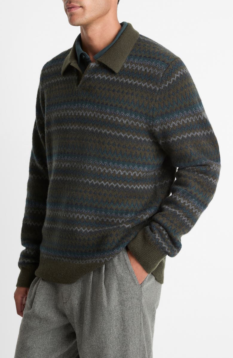 Vince Fair Isle Wool & Cashmere Johnny Collar Polo Sweater, Alternate, color, Dark Leaf Combo