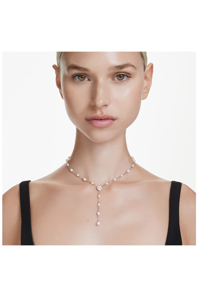 x Ariana Grande Capsule Crystal Heart & Faux Pearl Station Y-Necklace, Alternate, color, WHITE GOLD