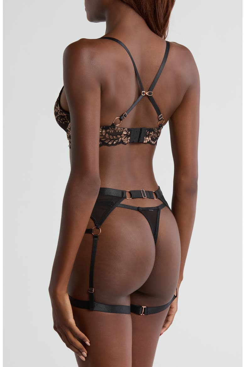 Strappy Underwire Bra, Thong & Garter Belt Set, Alternate, color, BLACK