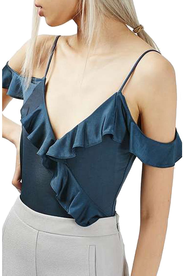 Ruffle Trim Cold Shoulder Bodysuit, Main, color, BLUE