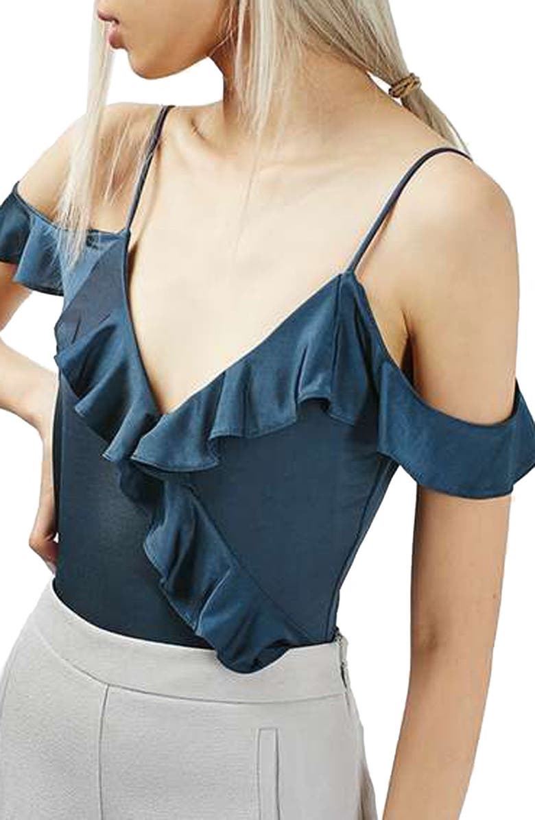 Topshop Ruffle Trim Cold Shoulder Bodysuit, Main, color, 
