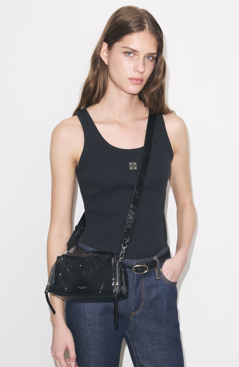 Tory Burch Perry Voyager Crinkled Patent Leather Crossbody Bag, Alternate, color, Black