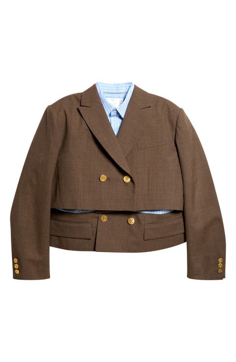 Mixed Media Wool Suiting & Stripe Cotton Blend Poplin Jacket