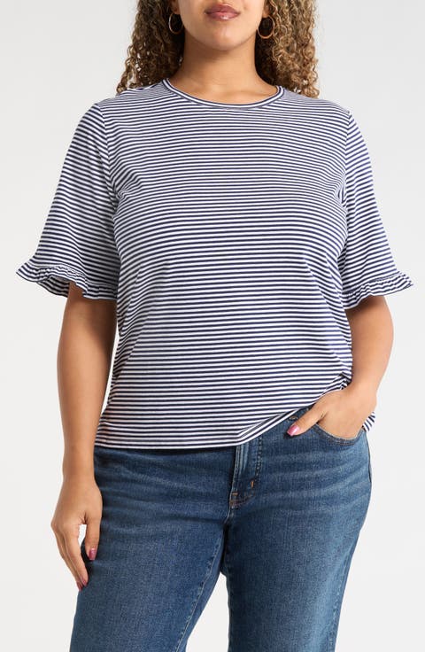 Stripe Frill Sleeve Stretch Cotton Top (Plus)